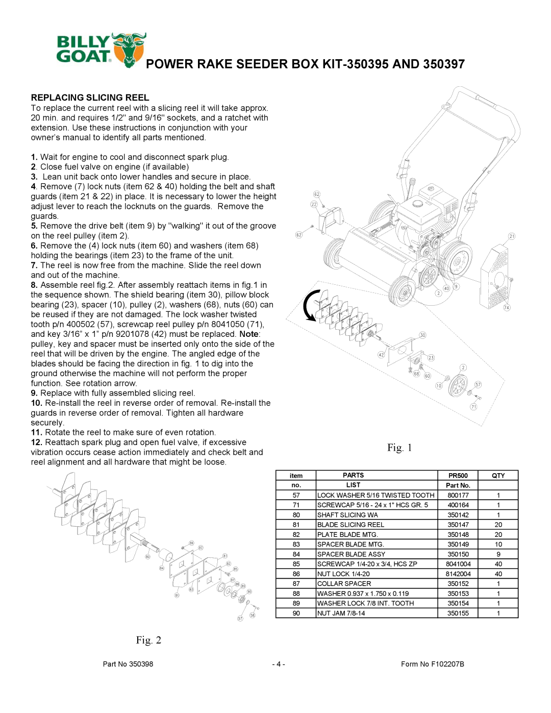 Billy Goat 350395, 350397 manual Replacing Slicing Reel, Parts, Qty, List 