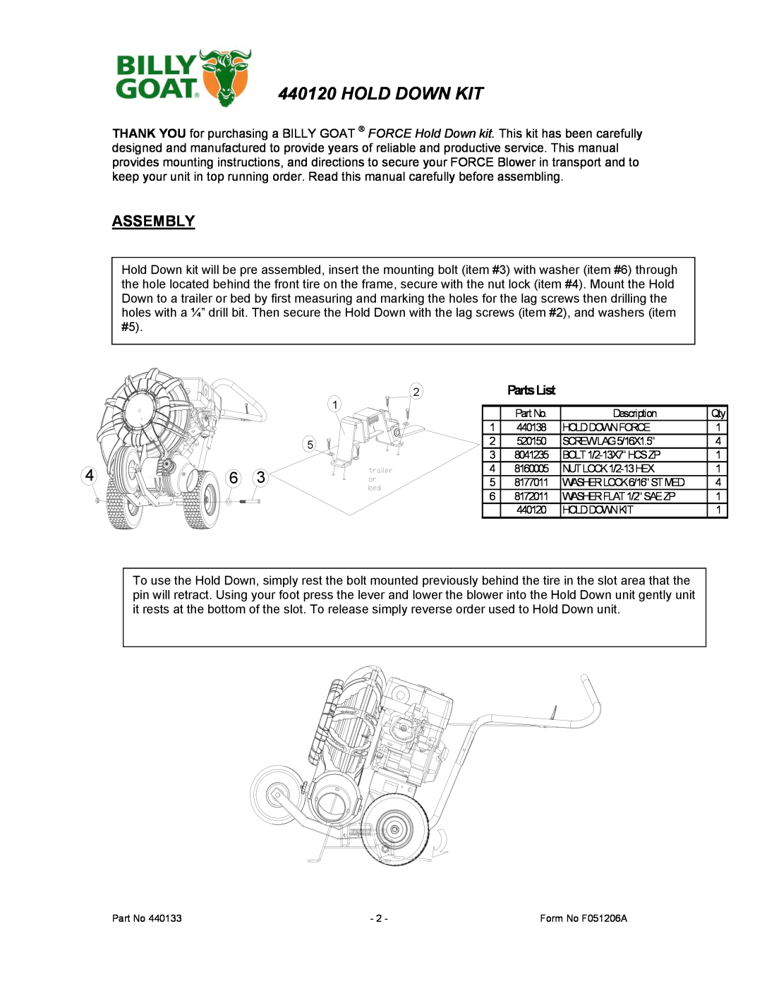 Billy Goat 440120 manual Hold Down Kit, Assembly, PartsList 