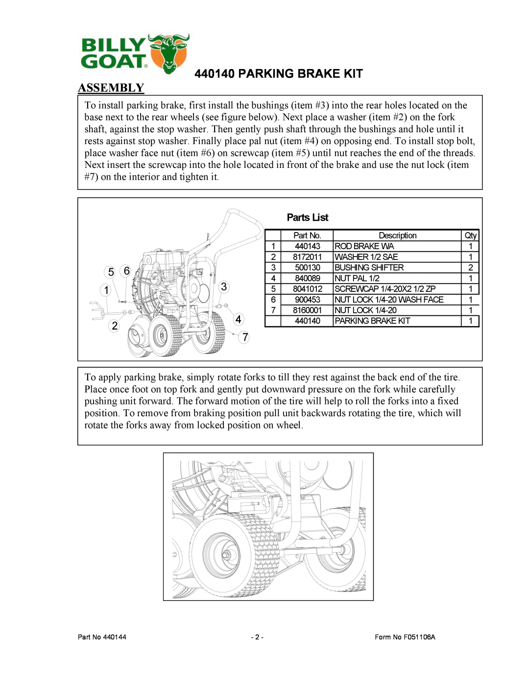 Billy Goat 440140 manual Parking Brake Kit, Assembly, Parts List 