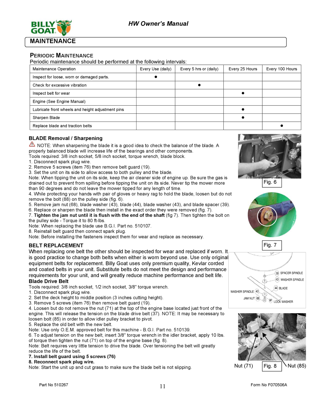 Billy Goat 510223 owner manual Periodic Maintenance, Belt Replacement 