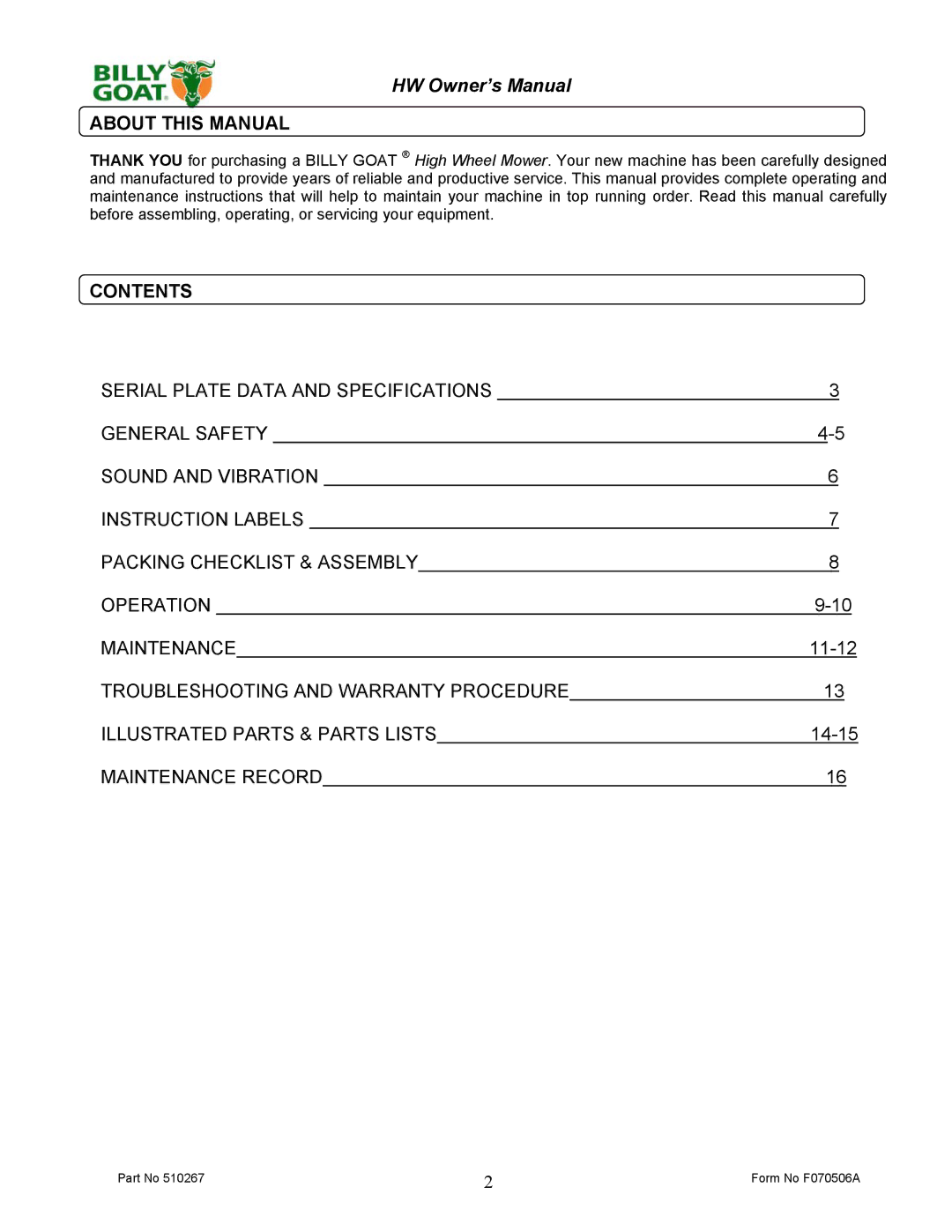 Billy Goat 510223 owner manual About this Manual, Contents 