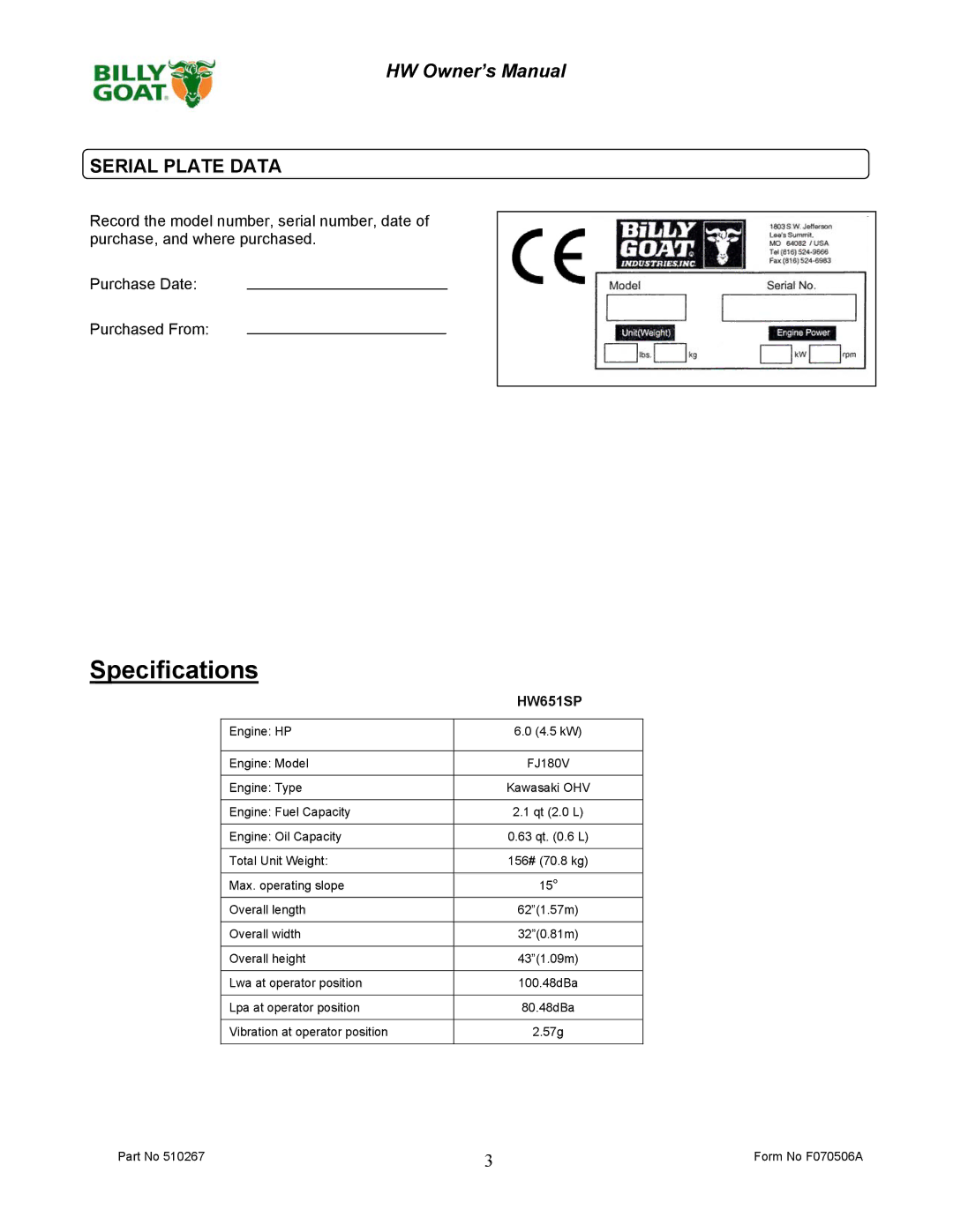 Billy Goat 510223 owner manual Specifications, Serial Plate Data 