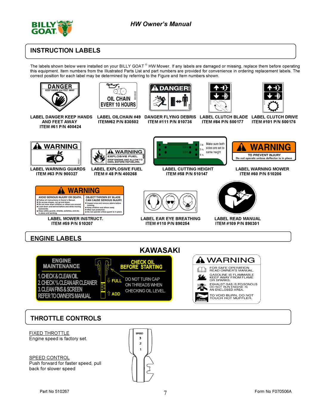 Billy Goat 510223 owner manual Instruction Labels, Engine Labels, Throttle Controls 