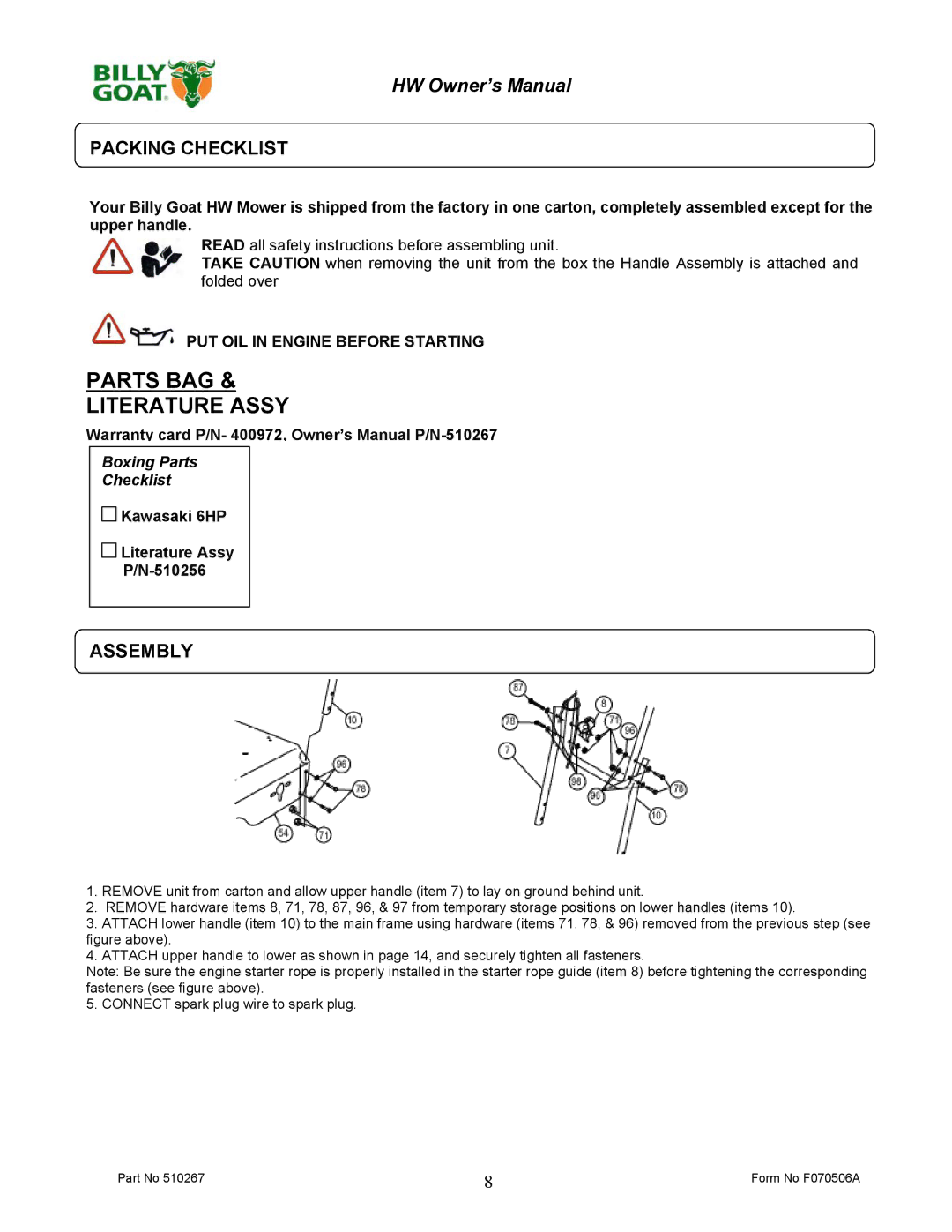 Billy Goat 510223 owner manual Packing Checklist, Assembly, PUT OIL in Engine Before Starting 