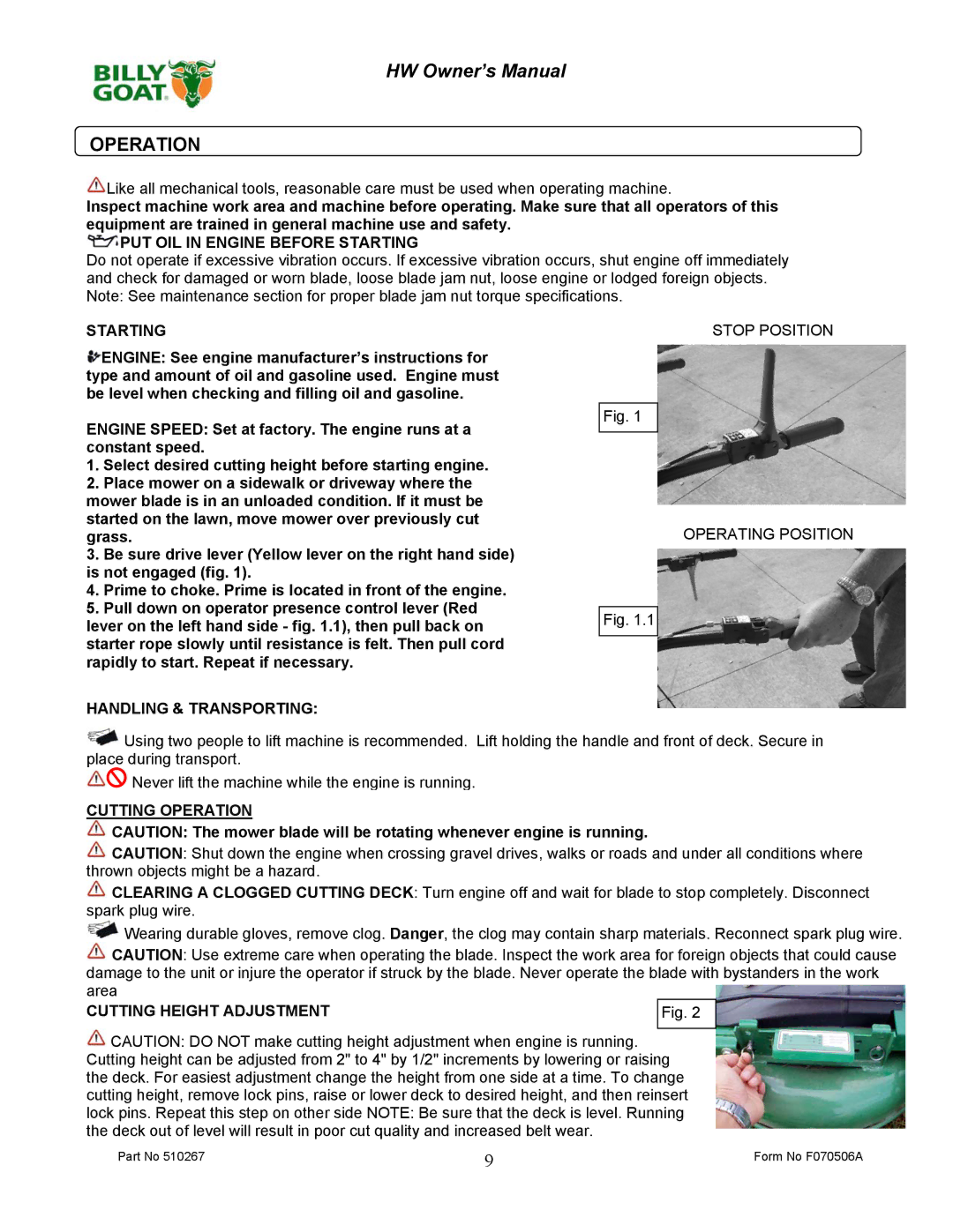 Billy Goat 510223 Starting Stop Position, Handling & Transporting, Cutting Operation, Cutting Height Adjustment 