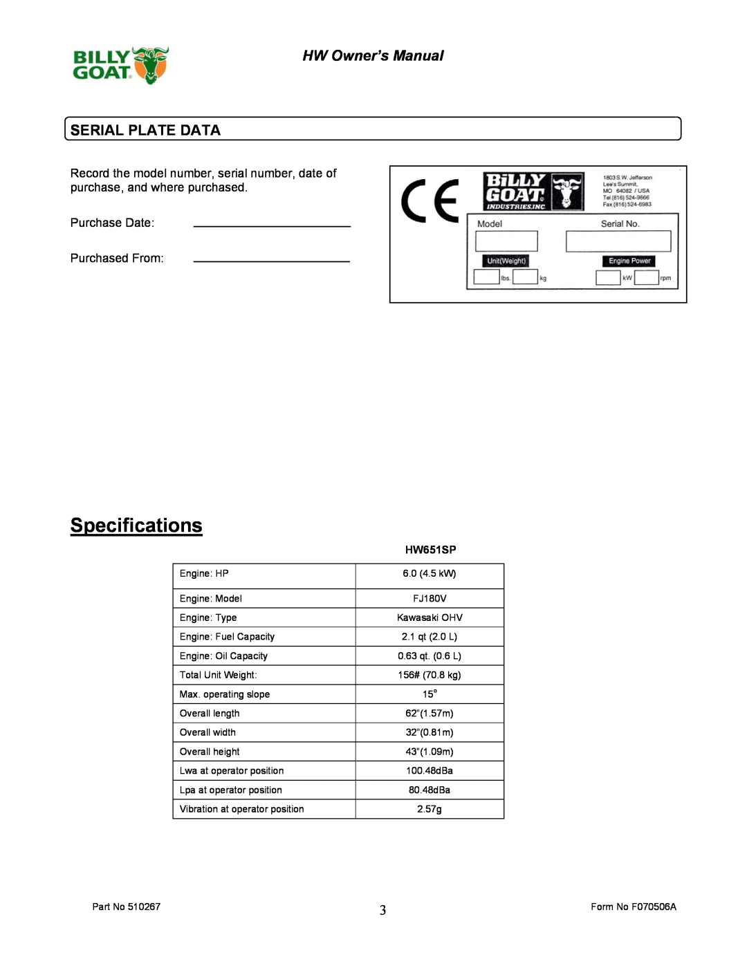 Billy Goat 510223 owner manual Serial Plate Data, Specifications, HW Owner’s Manual, HW651SP 