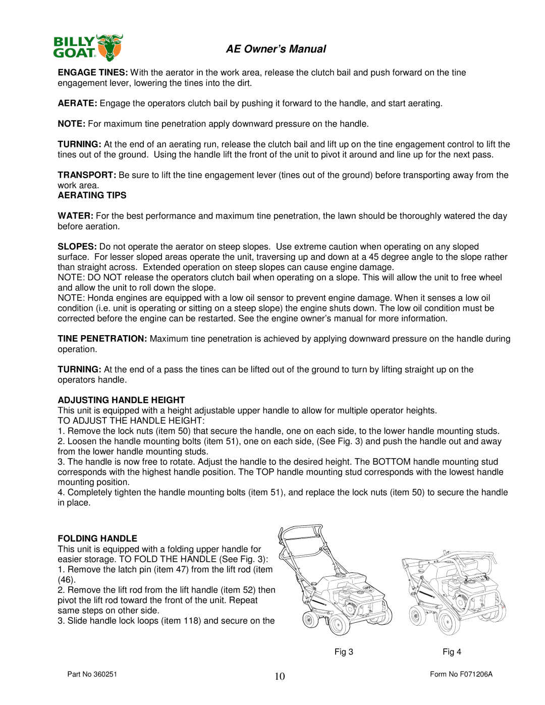 Billy Goat AE400H, AE450 owner manual Aerating Tips, Adjusting Handle Height 