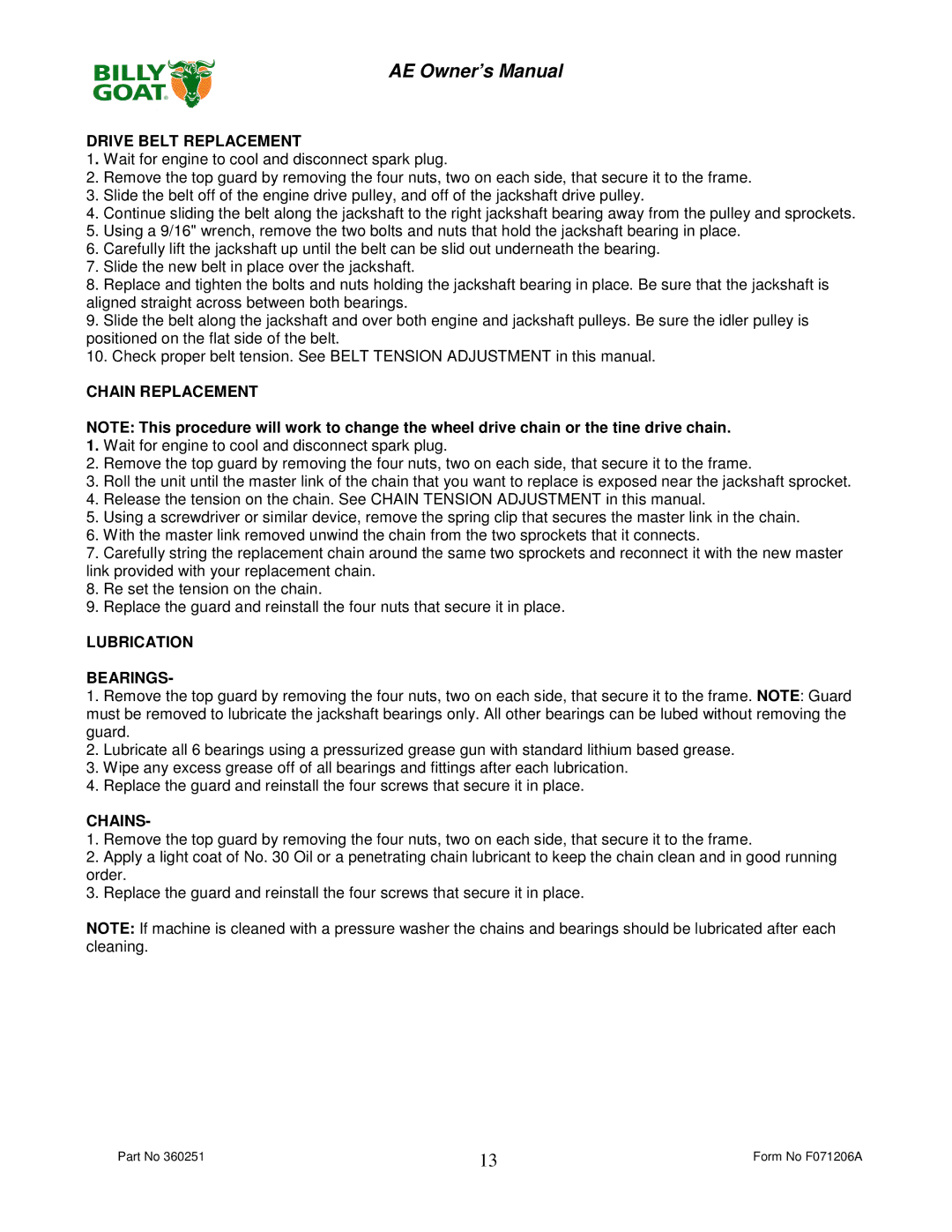 Billy Goat AE400H, AE450 owner manual Drive Belt Replacement, Chain Replacement, Lubrication Bearings, Chains 