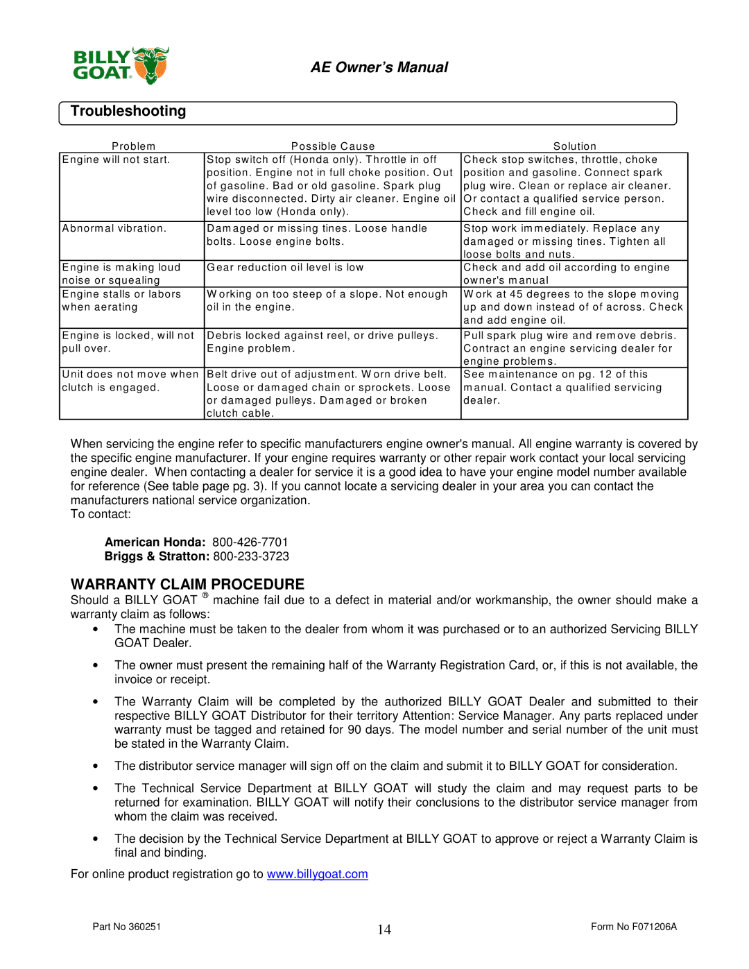 Billy Goat AE400H, AE450 owner manual Troubleshooting, Warranty Claim Procedure 