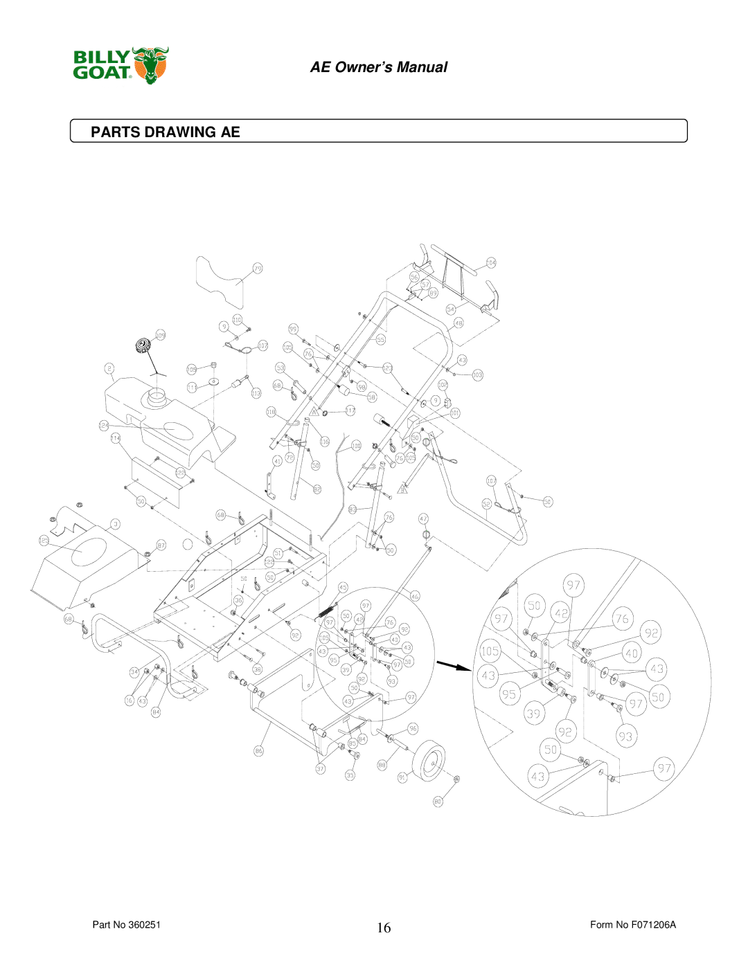 Billy Goat AE400H, AE450 owner manual Parts Drawing AE Parts List 