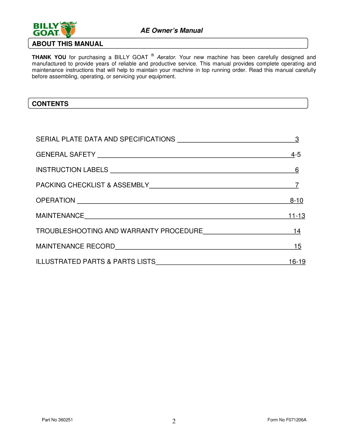 Billy Goat AE400H, AE450 owner manual About this Manual, Contents 