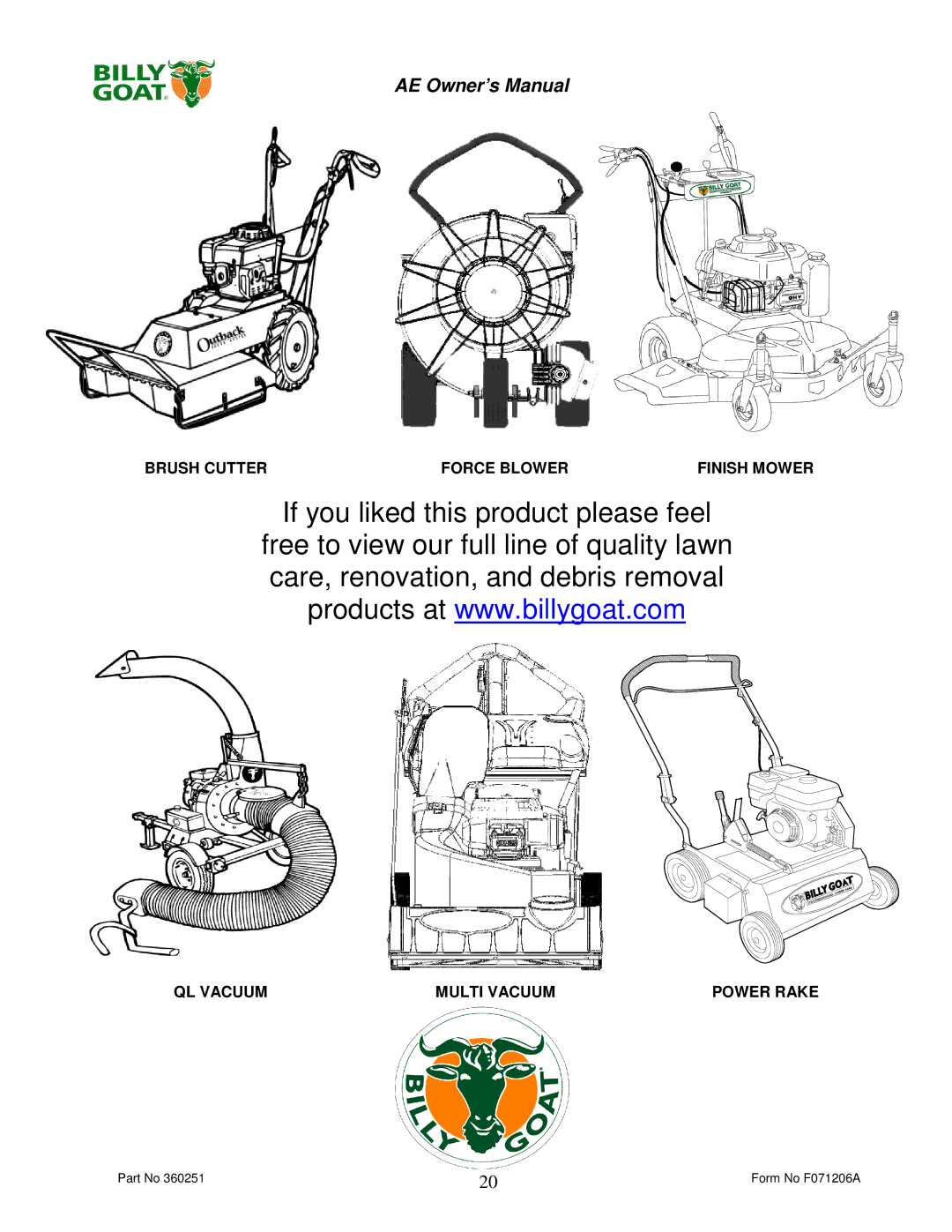 Billy Goat AE400H, AE450 owner manual Form No F071206A 