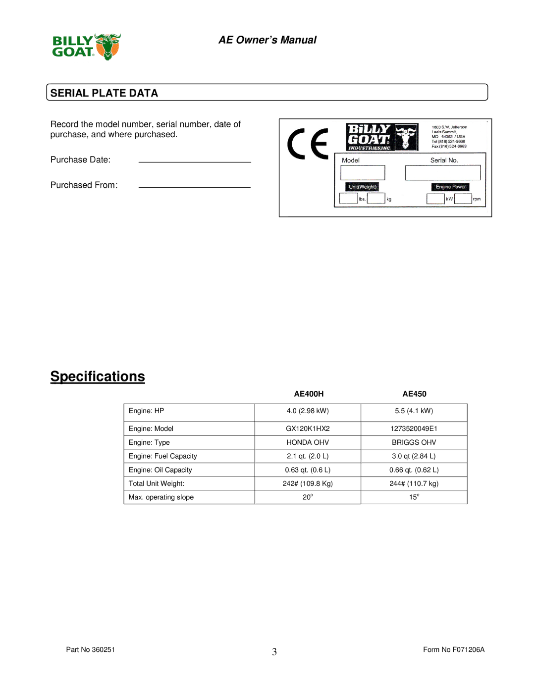 Billy Goat AE400H, AE450 owner manual Specifications, Serial Plate Data 