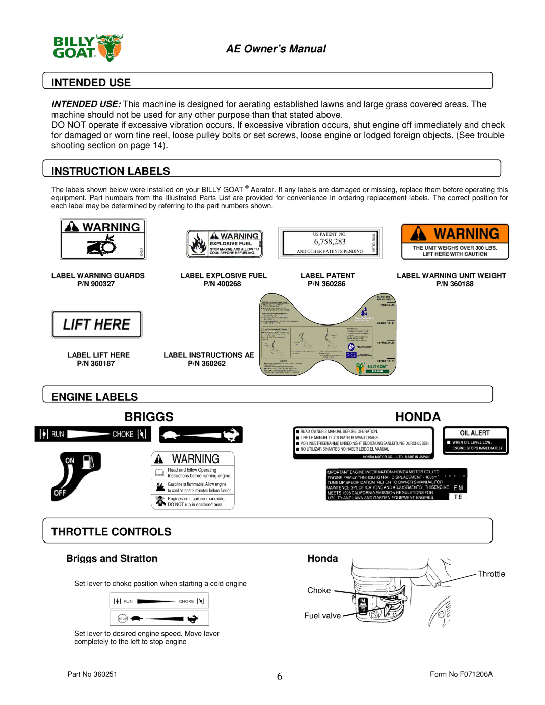 Billy Goat AE400H, AE450 owner manual Intended USE, Instruction Labels, Engine Labels, Throttle Controls 