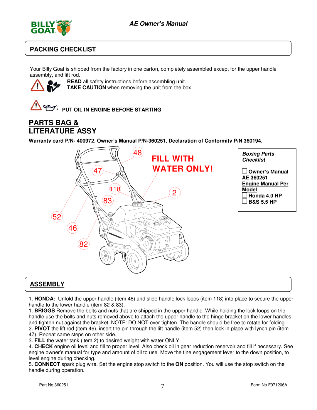 Billy Goat AE400H, AE450 owner manual Packing Checklist, Assembly, PUT OIL in Engine Before Starting 