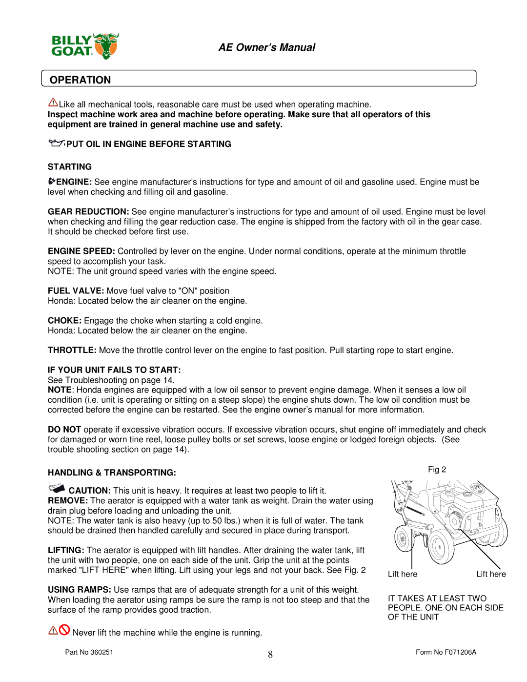 Billy Goat AE400H, AE450 owner manual Operation, Handling & Transporting 