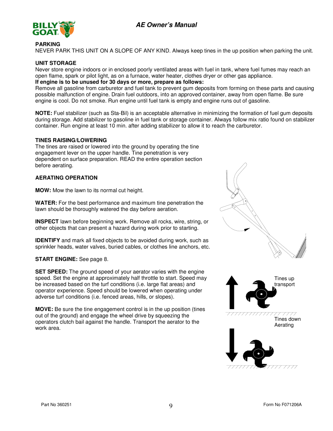 Billy Goat AE400H, AE450 owner manual Parking, Unit Storage, Tines RAISING/LOWERING, Aerating Operation 