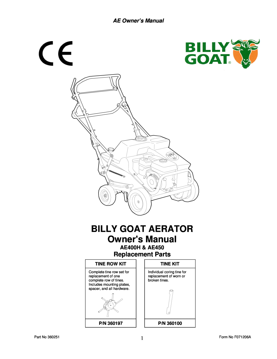 Billy Goat AE400H, AE450 owner manual Replacement Parts, AE400H & AE450, Tine Row Kit, Tine Kit 