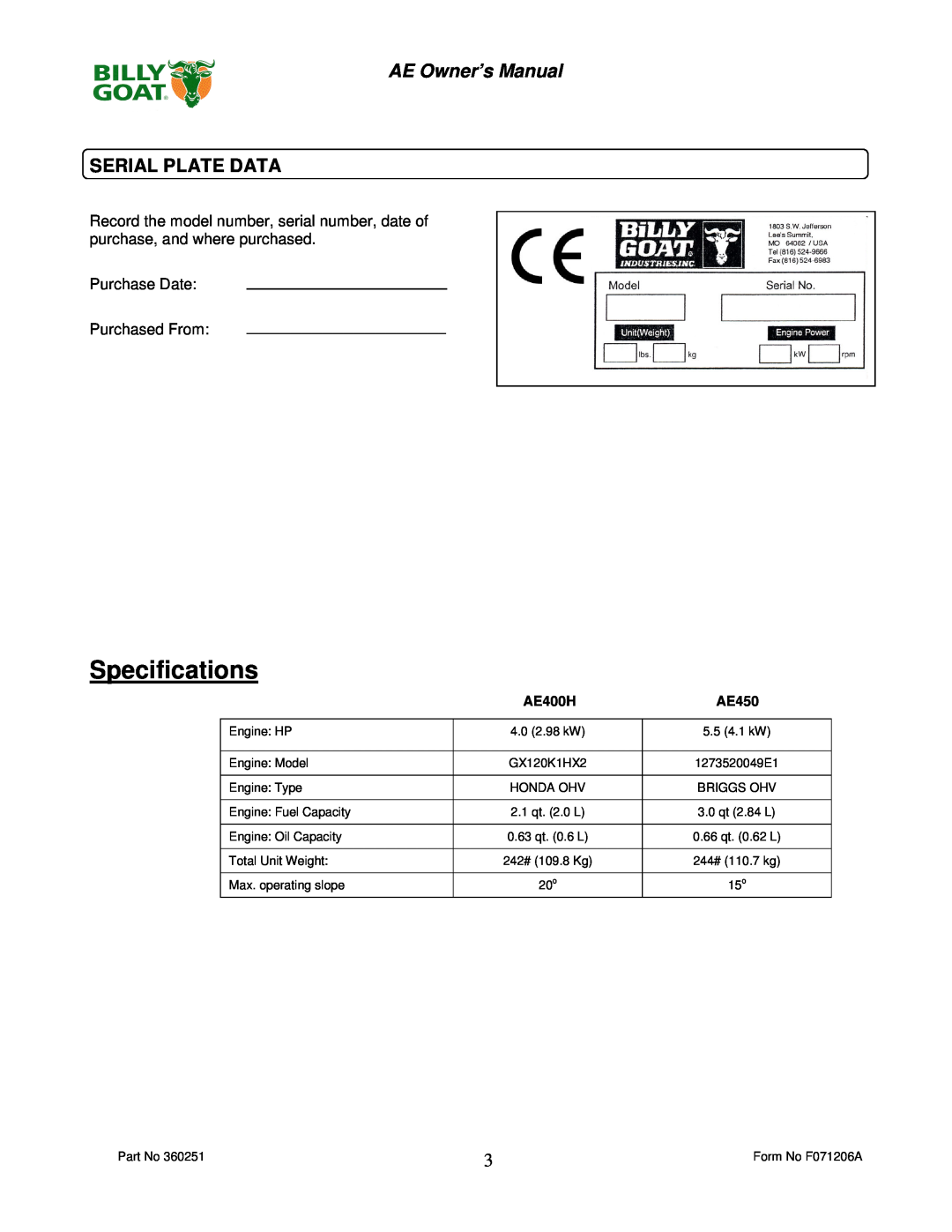 Billy Goat AE400H, AE450 owner manual Serial Plate Data, Specifications 
