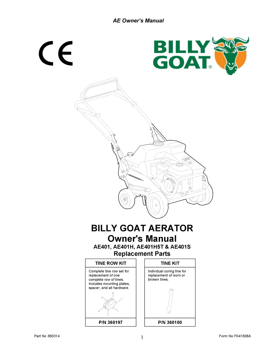 Billy Goat AE401H5T owner manual Tine ROW KIT, Tine KIT 