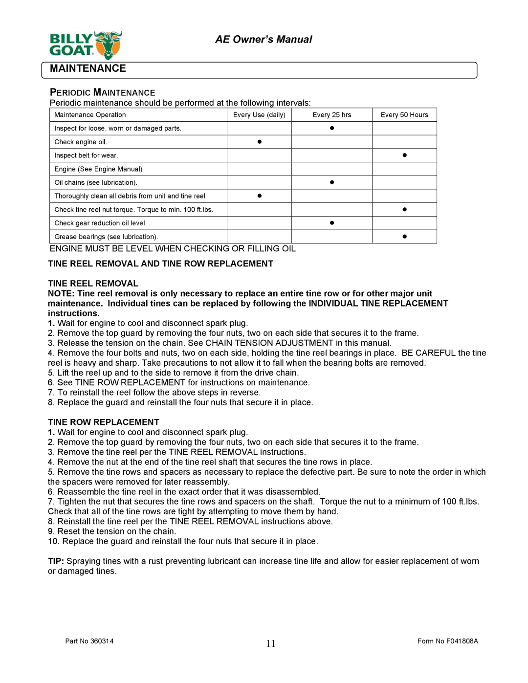 Billy Goat AE401H5T owner manual Periodic Maintenance, Tine Reel Removal and Tine ROW Replacement 