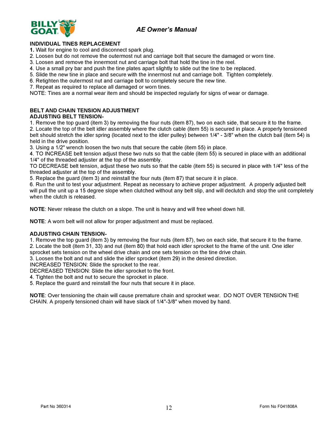 Billy Goat AE401H5T owner manual Individual Tines Replacement, Belt and Chain Tension Adjustment Adjusting Belt Tension 