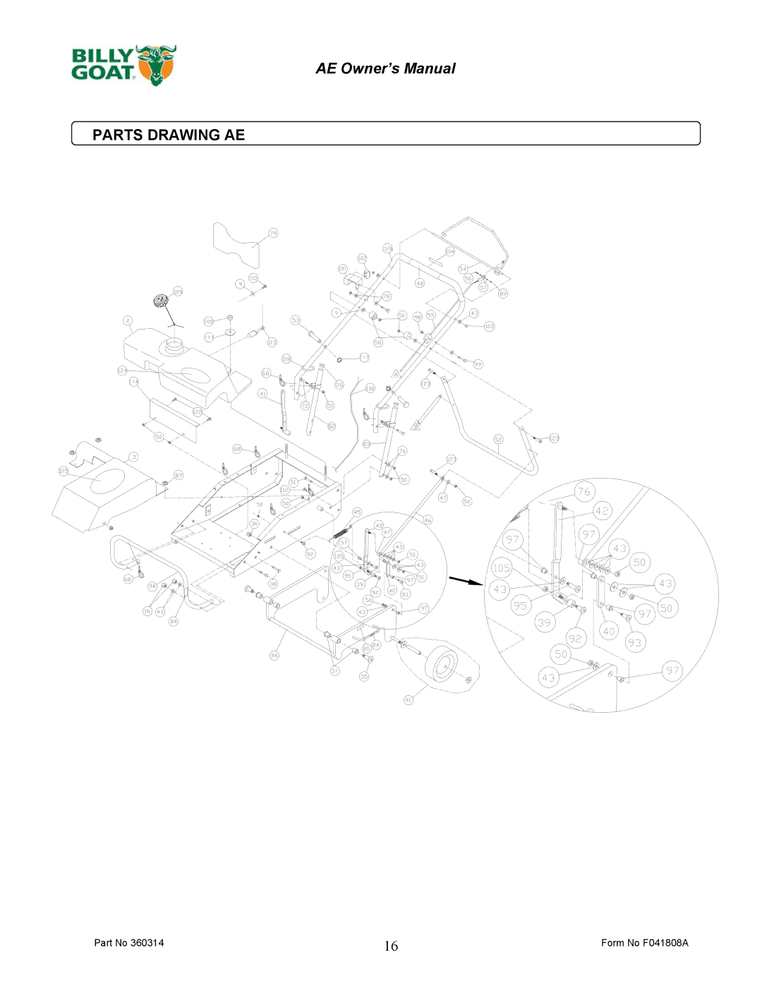 Billy Goat AE401H5T owner manual Parts Drawing AE 