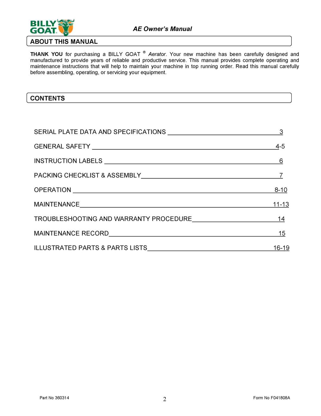 Billy Goat AE401H5T owner manual About this Manual, Contents 