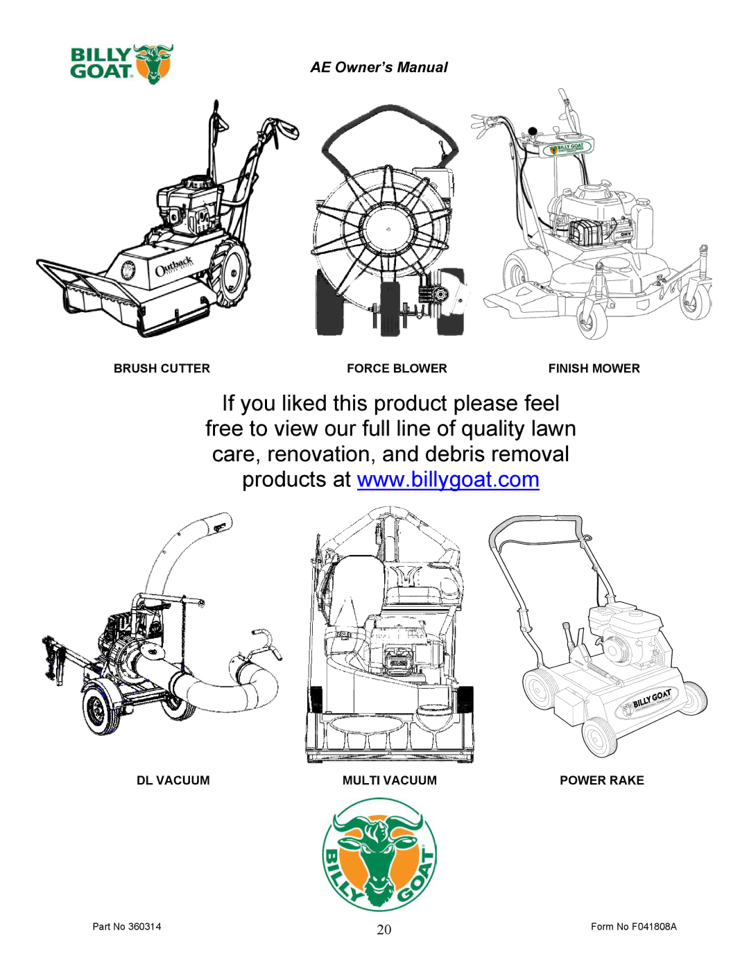 Billy Goat AE401H5T owner manual Form No F041808A 