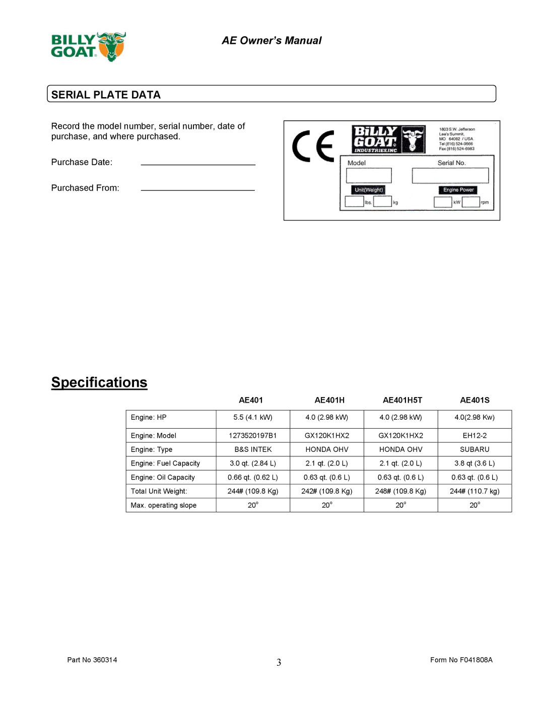 Billy Goat AE401H5T owner manual Specifications, Serial Plate Data 