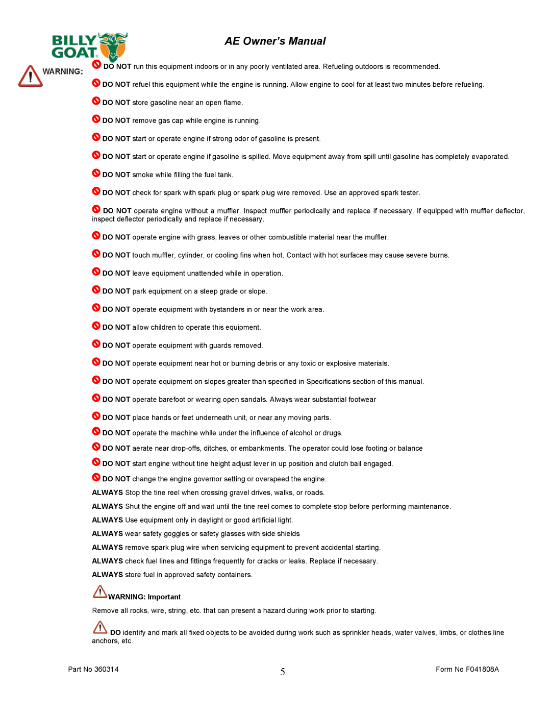 Billy Goat AE401H5T owner manual 