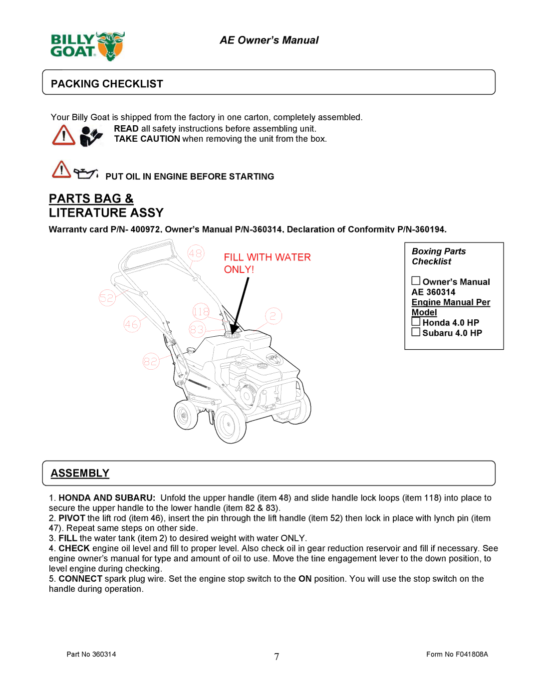 Billy Goat AE401H5T owner manual Packing Checklist, Assembly, PUT OIL in Engine Before Starting 