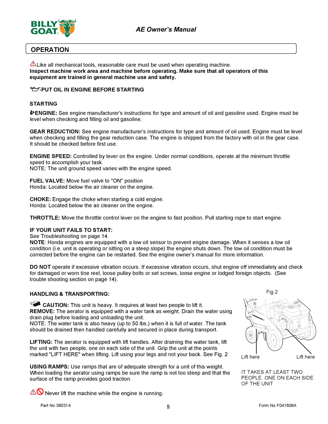 Billy Goat AE401H5T owner manual Operation, Handling & Transporting 