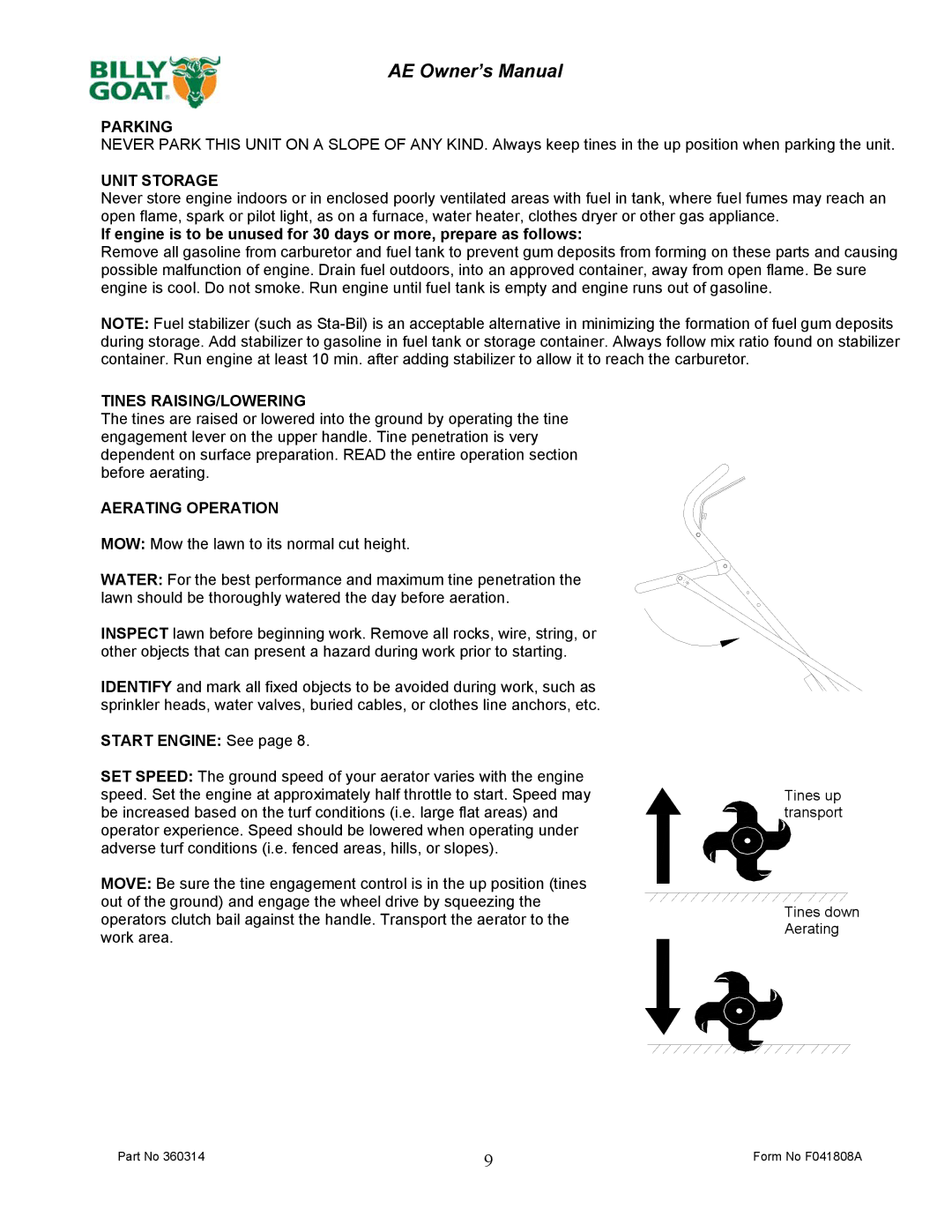 Billy Goat AE401H5T owner manual Parking, Unit Storage, Tines RAISING/LOWERING, Aerating Operation 