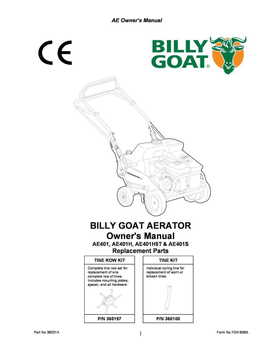 Billy Goat owner manual Replacement Parts, AE401, AE401H, AE401H5T & AE401S, Tine Row Kit, Tine Kit 
