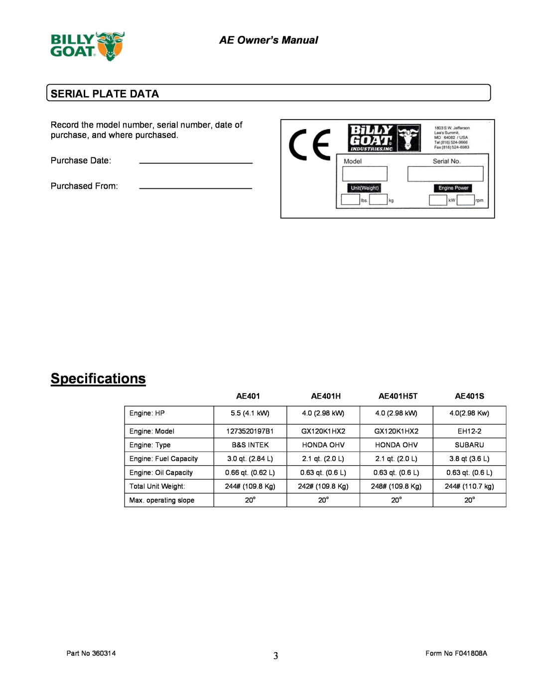 Billy Goat AE401H5T owner manual Serial Plate Data, Specifications, AE401S 