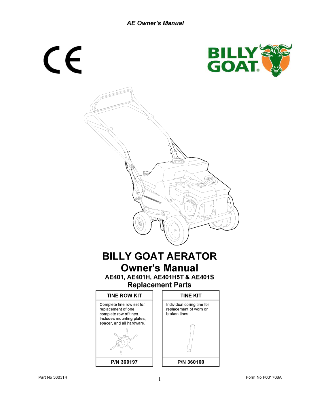 Billy Goat AE401S, AE401HST owner manual Tine ROW KIT, Tine KIT 