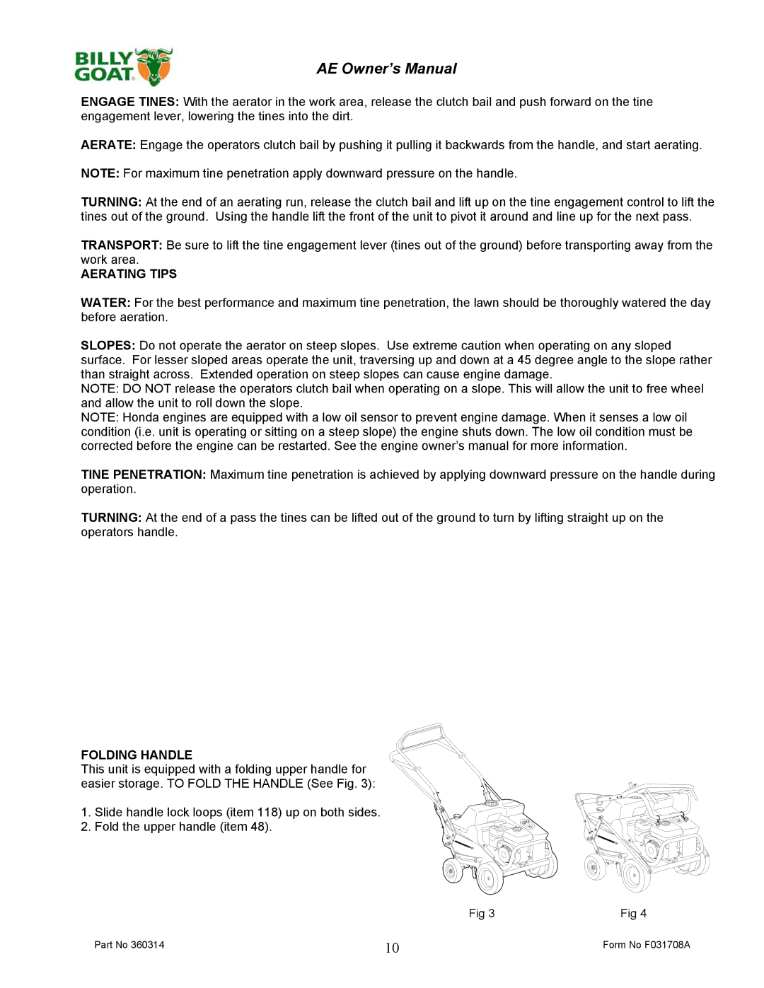 Billy Goat AE401HST, AE401S owner manual Aerating Tips, Folding Handle 