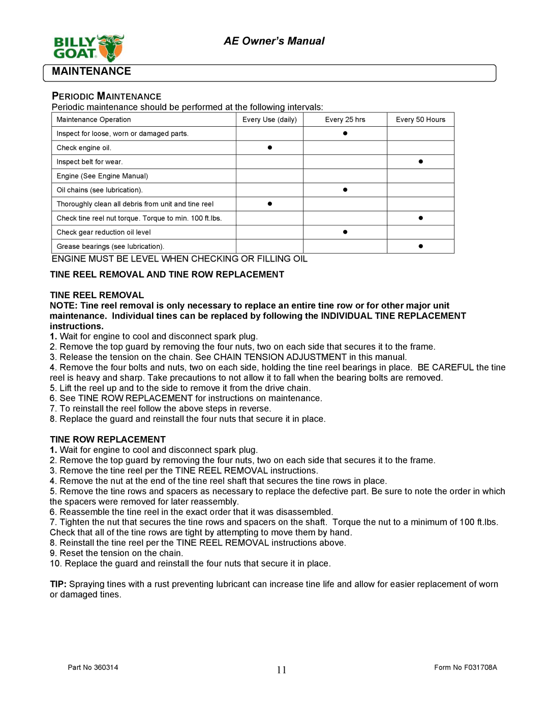 Billy Goat AE401HST, AE401S owner manual Periodic Maintenance, Tine Reel Removal and Tine ROW Replacement 