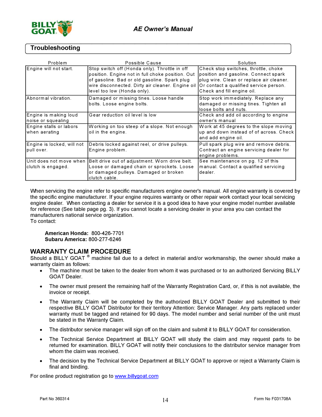 Billy Goat AE401HST, AE401S owner manual Troubleshooting, Warranty Claim Procedure 