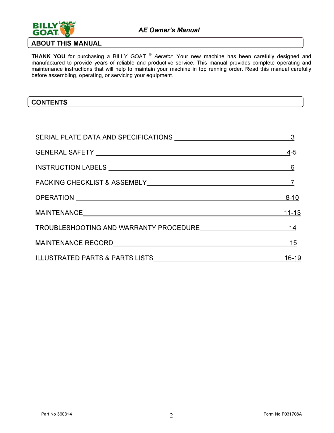 Billy Goat AE401HST, AE401S owner manual About this Manual, Contents 