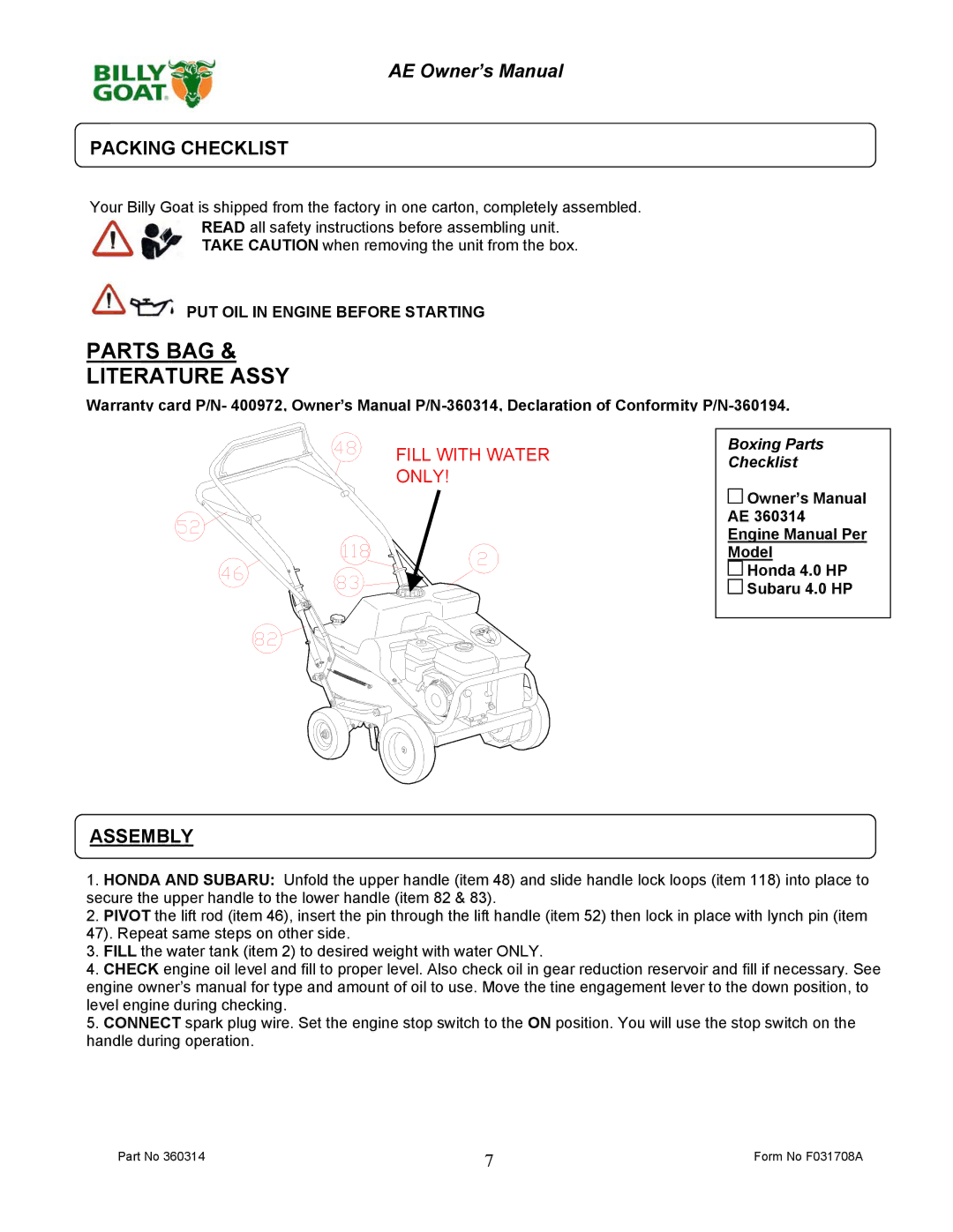 Billy Goat AE401HST, AE401S owner manual Packing Checklist, Assembly, PUT OIL in Engine Before Starting 