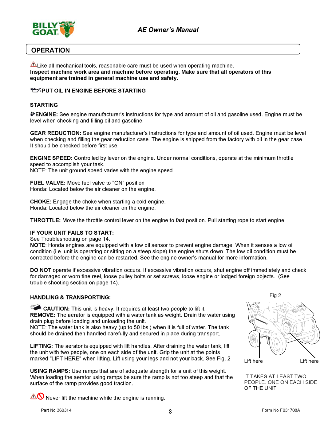 Billy Goat AE401HST, AE401S owner manual Operation, Handling & Transporting 