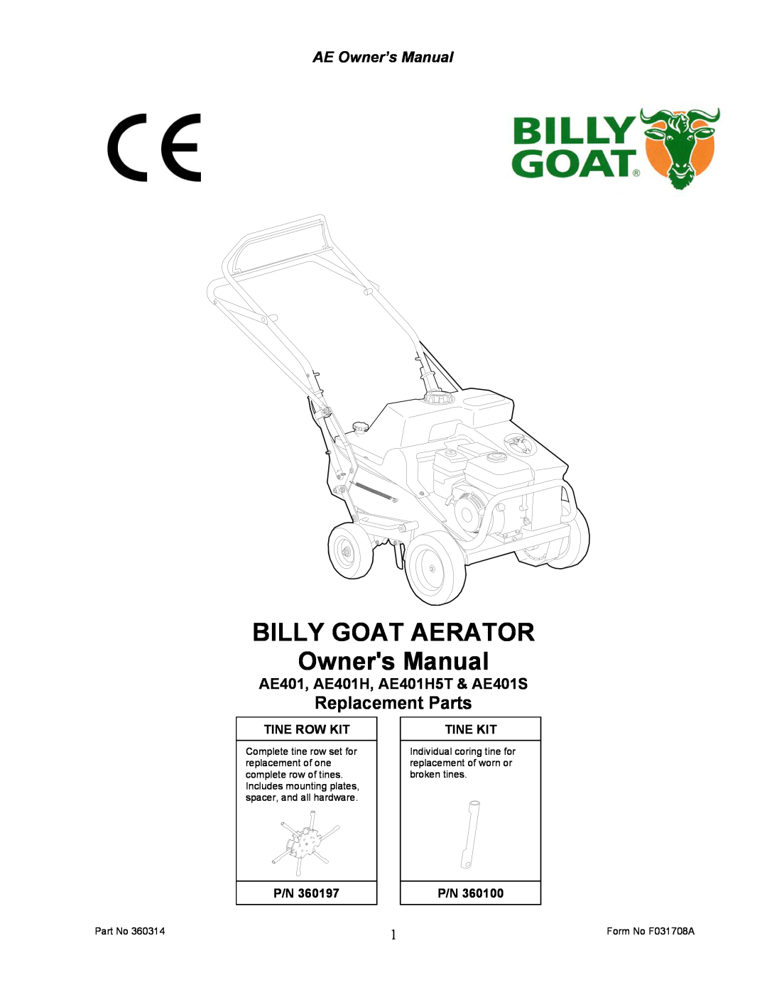 Billy Goat AE401HST owner manual Replacement Parts, AE401, AE401H, AE401H5T & AE401S, Tine Row Kit, Tine Kit 