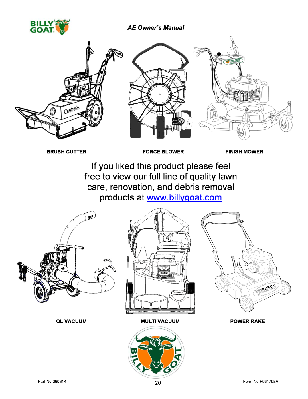 Billy Goat AE401HST AE Owner’s Manual, Brush Cutter, Force Blower, Finish Mower, Ql Vacuum, Multi Vacuum, Power Rake 