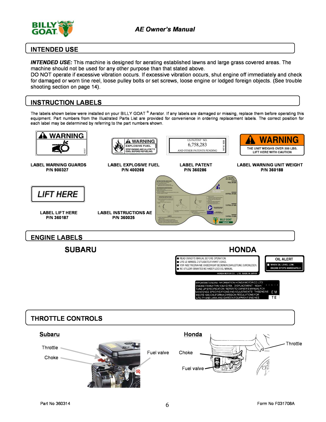 Billy Goat AE401HST Subaruhonda, Intended Use, Instruction Labels, Engine Labels, Throttle Controls, SubaruHonda 