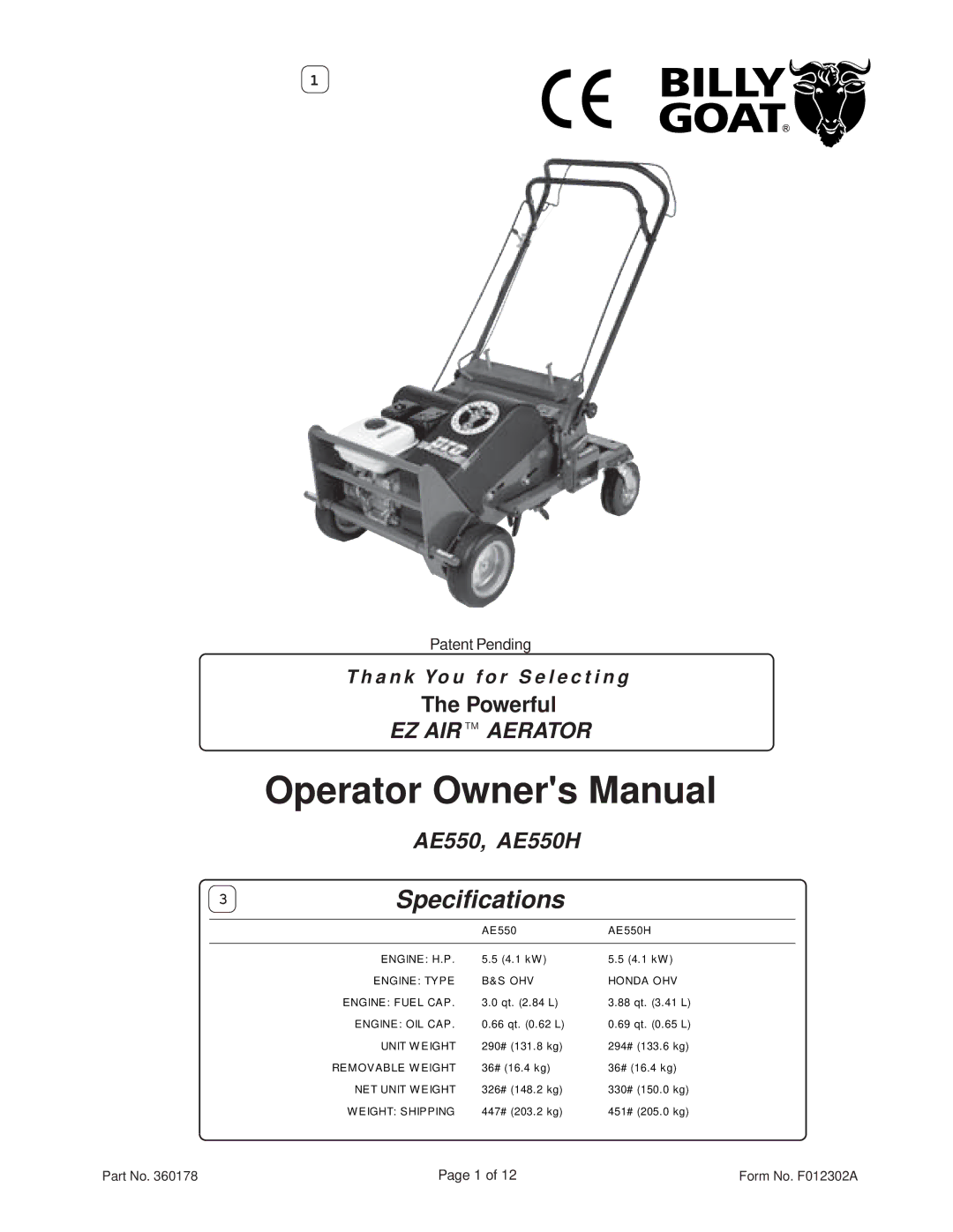 Billy Goat AE550H owner manual 3Specifications 