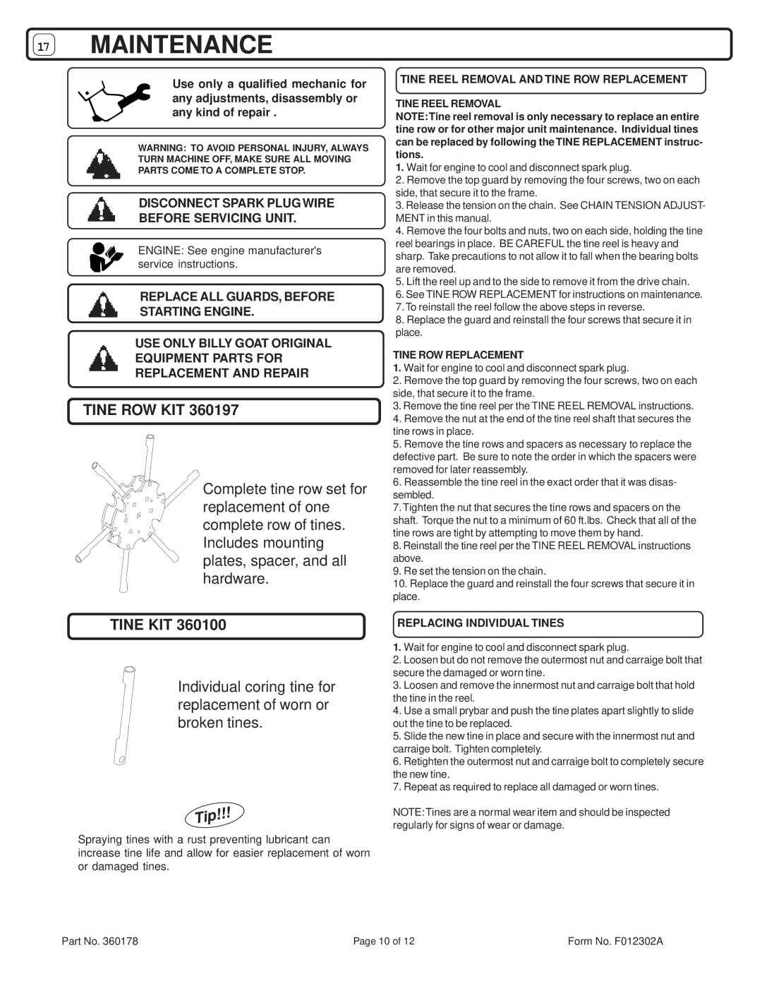 Billy Goat AE550H owner manual Tine ROW KIT, Disconnect Spark Plug Wire Before Servicing Unit, Replacing Individual Tines 