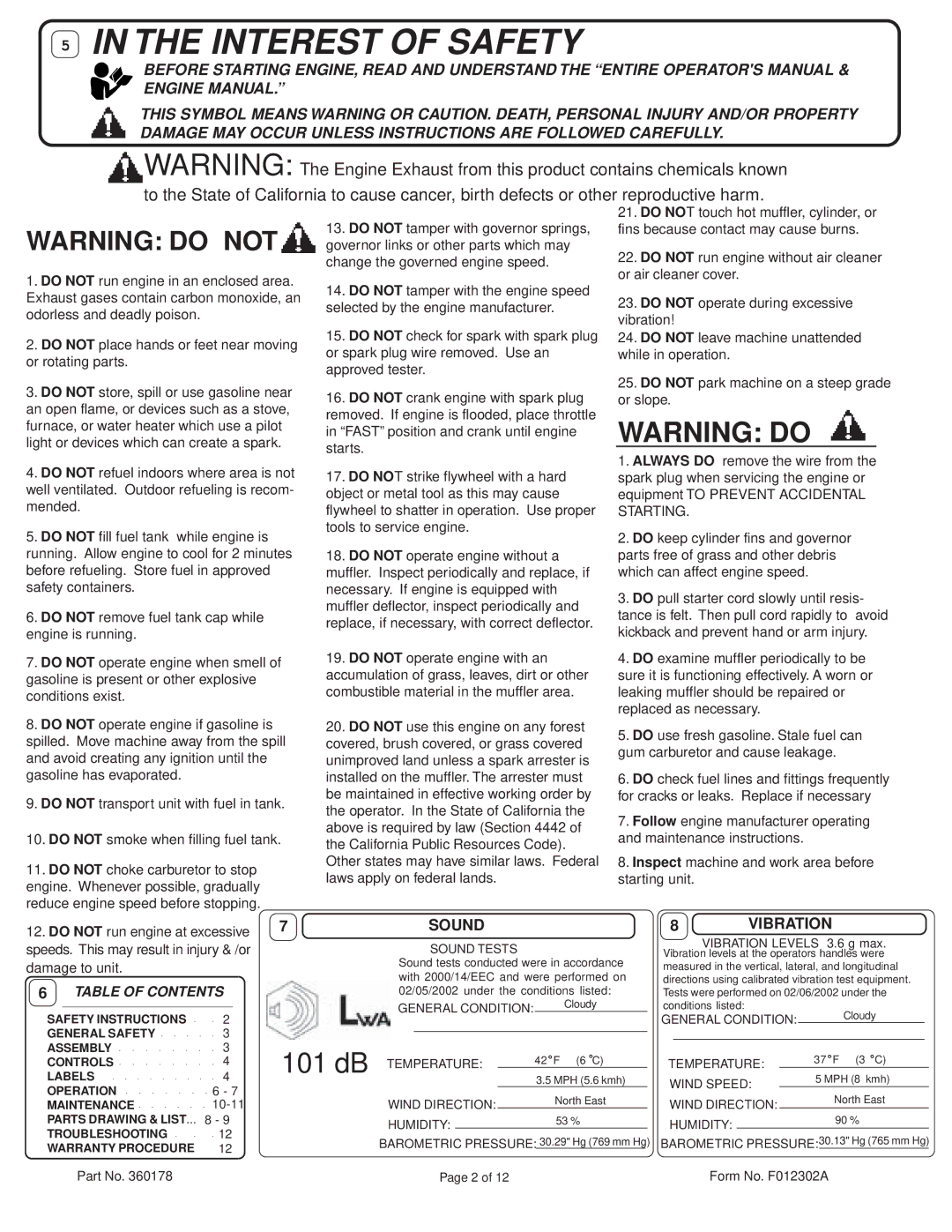 Billy Goat AE550H owner manual Sound, 8VIBRATION 