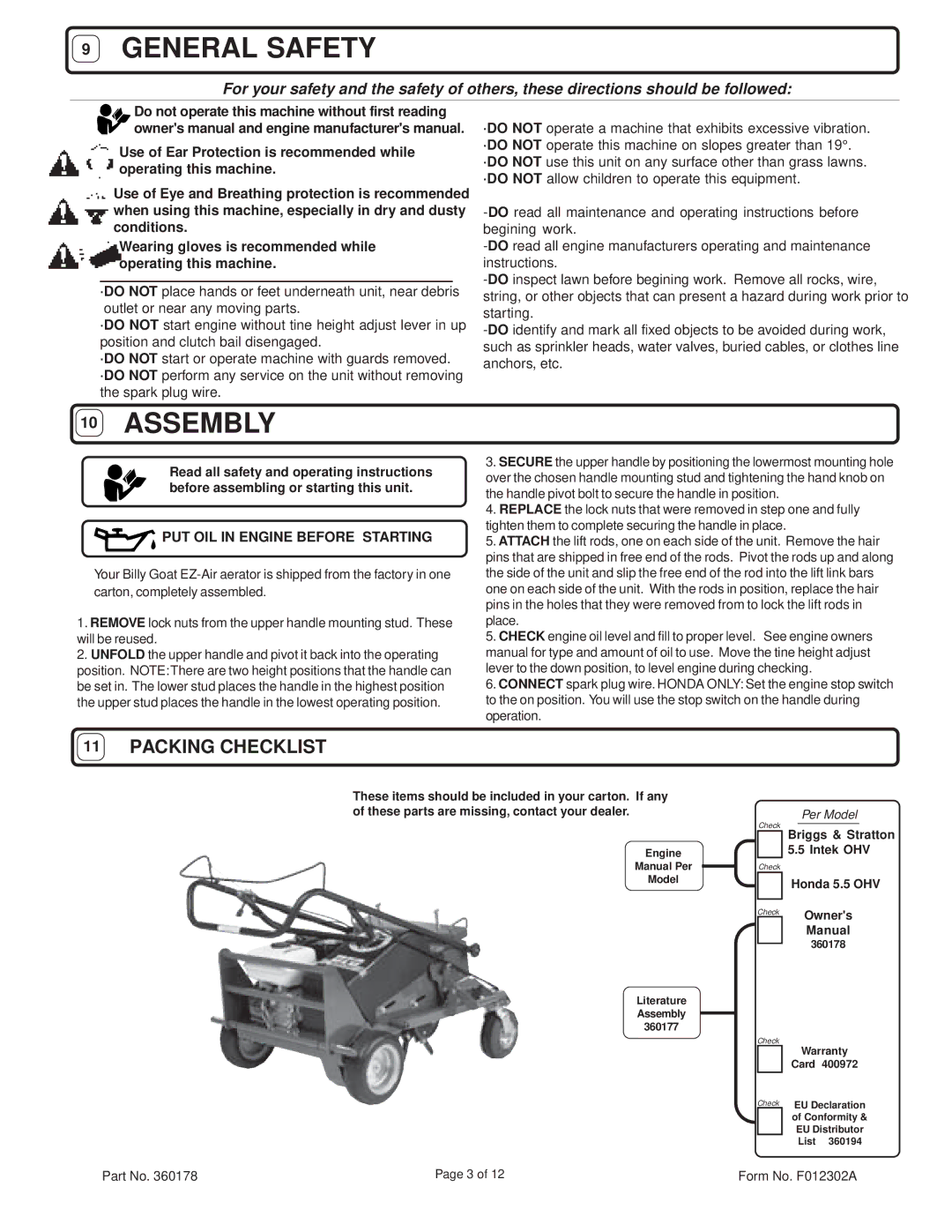 Billy Goat AE550H owner manual Packing Checklist, PUT OIL in Engine Before Starting 